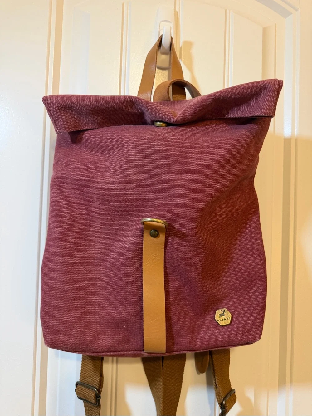 Roll-Top Burban Canvas Backpack in Burgundy with Tan Trim